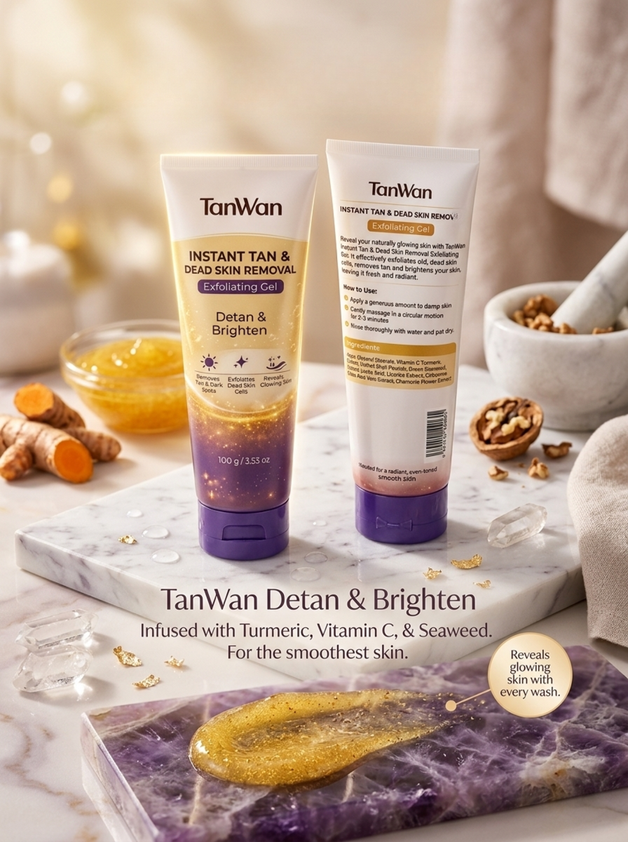 Two Tan Wan skincare products on a marble slab with natural ingredients in the background.